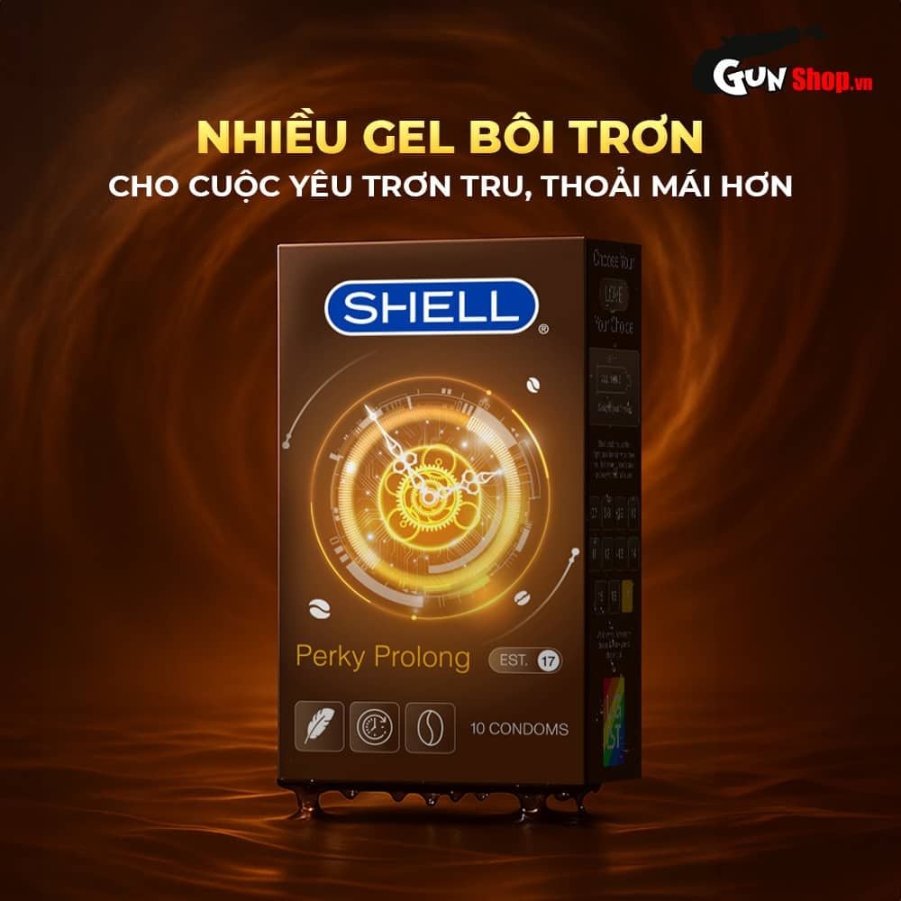 Bao cao su Shell Perky Prolong - Siêu mỏng, kéo dài thời gian, hương cà phê - Hộp 10 cái