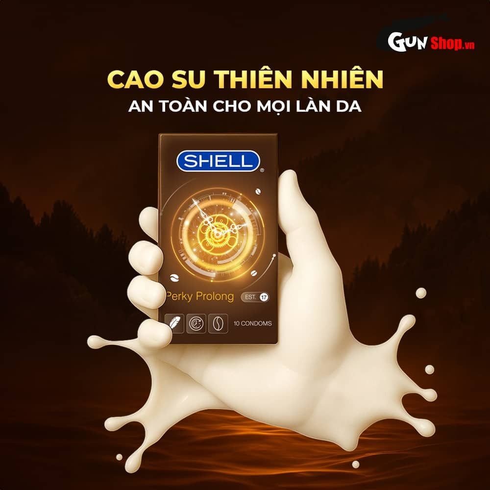 Bao cao su Shell Perky Prolong - Siêu mỏng, kéo dài thời gian, hương cà phê - Hộp 10 cái