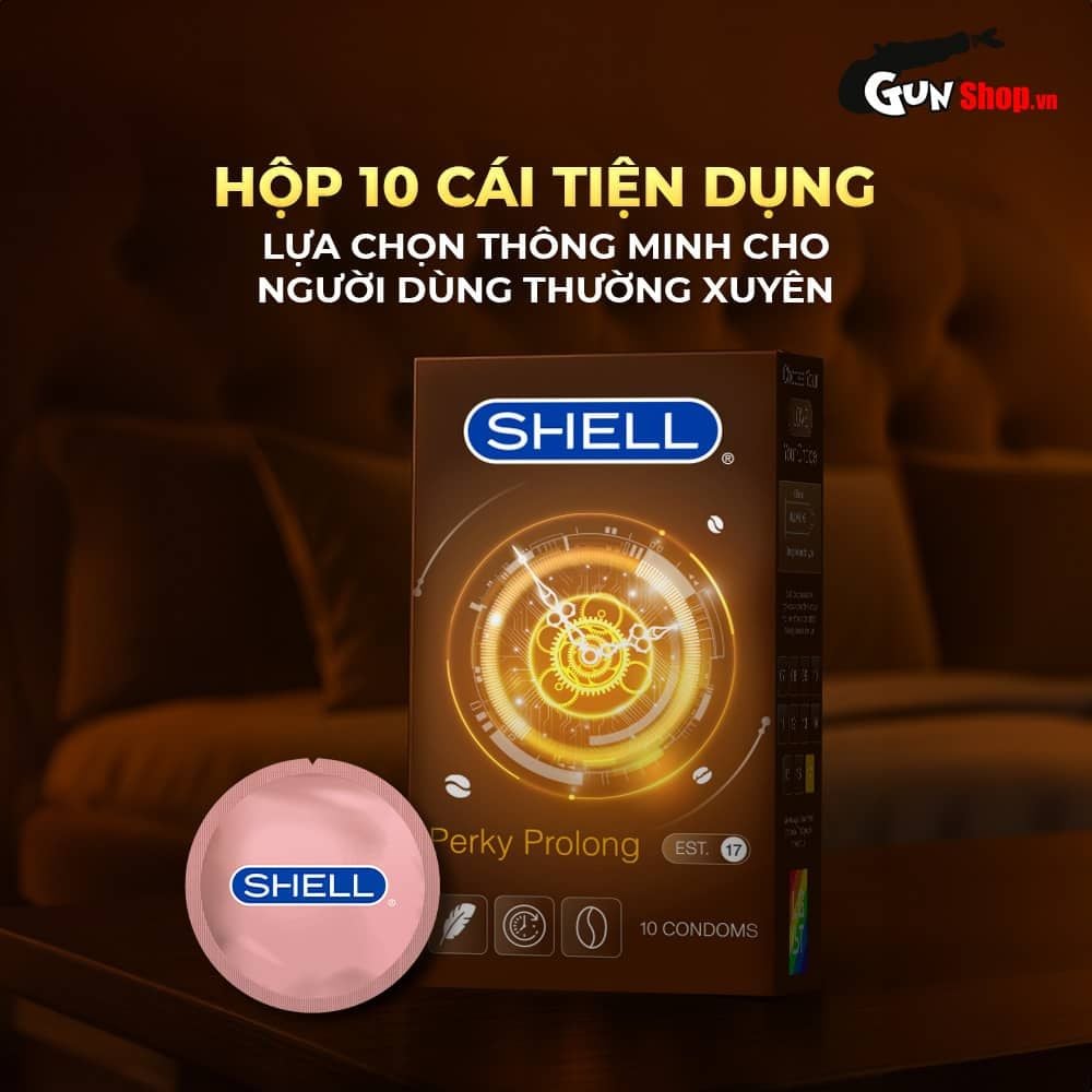 Bao cao su Shell Perky Prolong - Siêu mỏng, kéo dài thời gian, hương cà phê - Hộp 10 cái