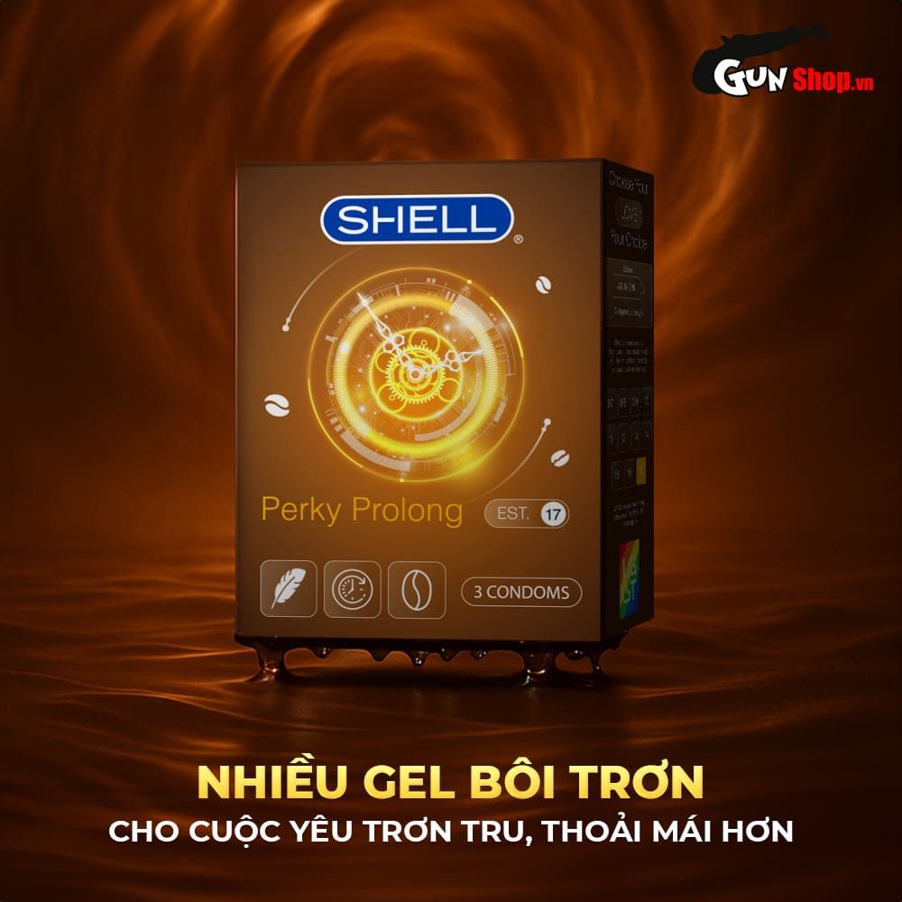 Bao cao su Shell Perky Prolong - Siêu mỏng, kéo dài thời gian, hương cà phê - Hộp 3 cái