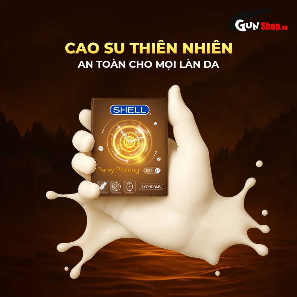 Bao cao su Shell Perky Prolong - Siêu mỏng, kéo dài thời gian, hương cà phê - Hộp 3 cái