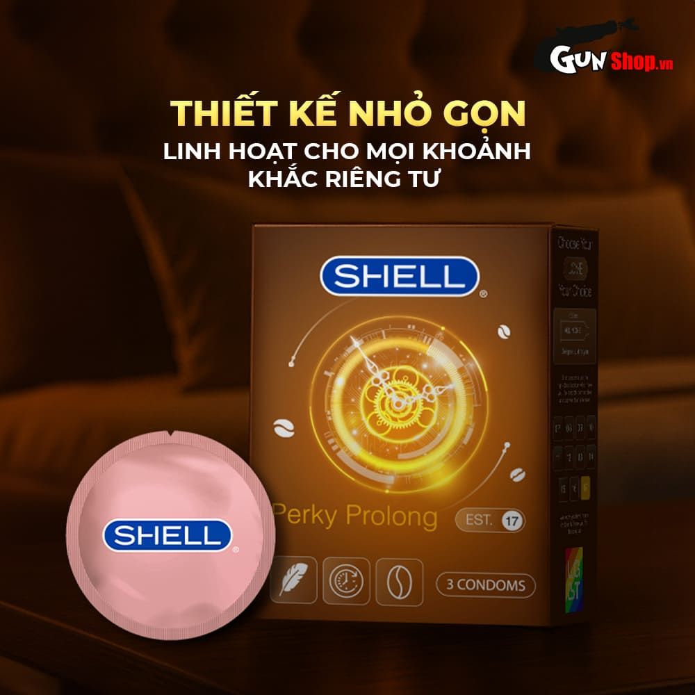 Bao cao su Shell Perky Prolong - Siêu mỏng, kéo dài thời gian, hương cà phê - Hộp 3 cái