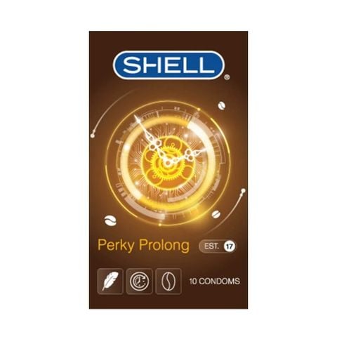 Bao cao su thiên nhiên Shell Perky Prolong - Siêu mỏng tanh, kéo dãn thời hạn, hương thơm cafe - Hộp 10 cái