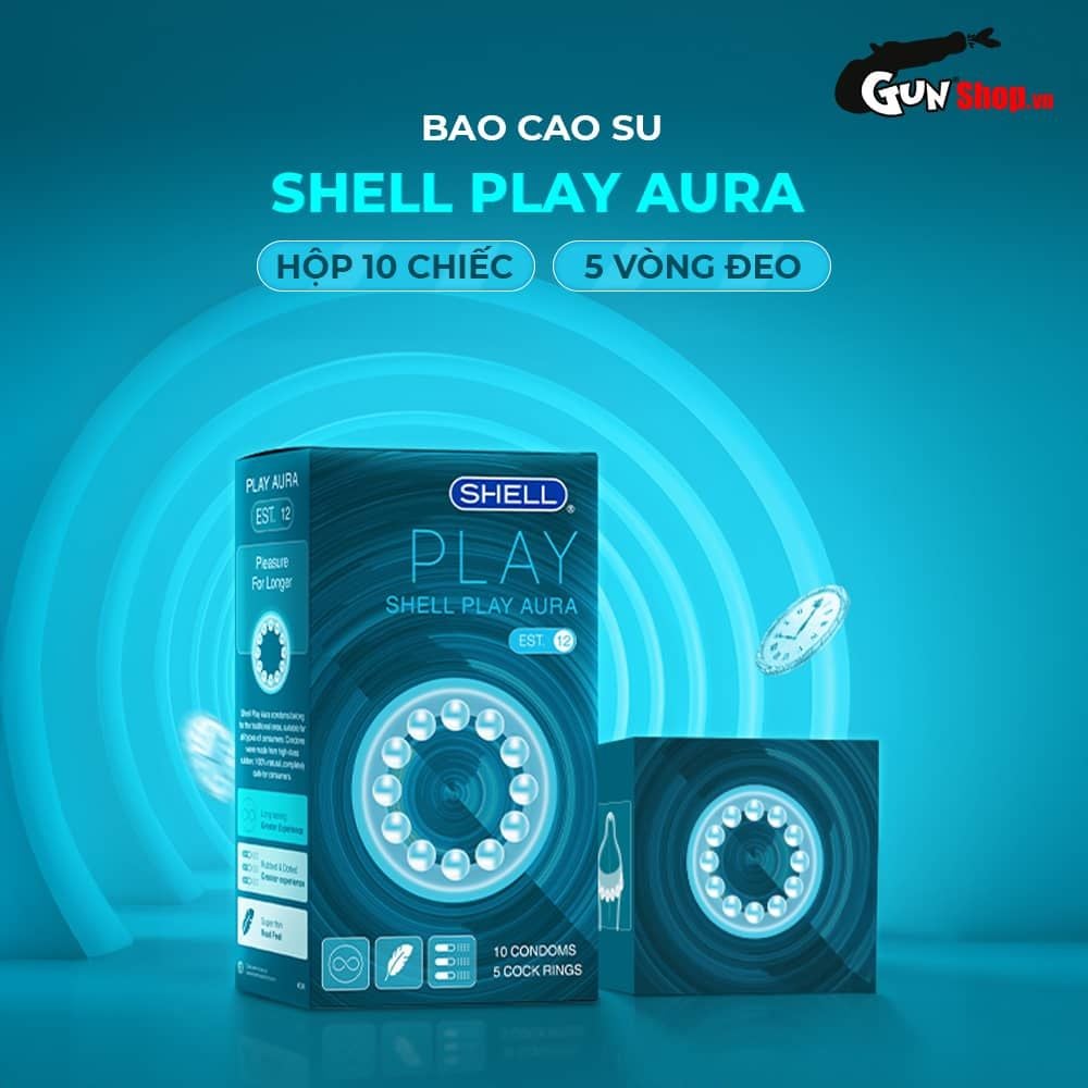 Bao cao su Shell Play Aura 6 tính năng - Hộp 10 cái + 5 vòng đeo kéo dài thời gian