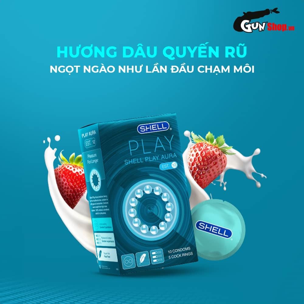 Bao cao su Shell Play Aura 6 tính năng - Hộp 10 cái + 5 vòng đeo kéo dài thời gian