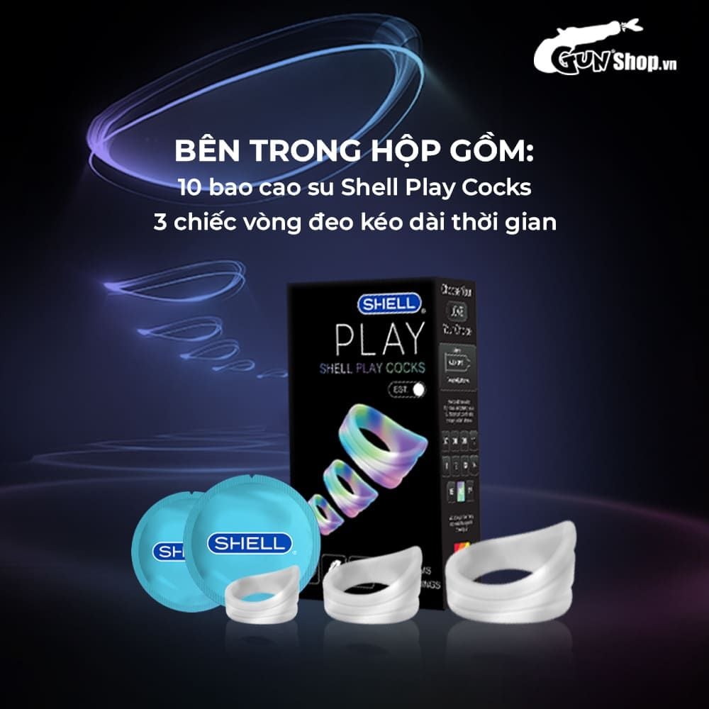 Bao cao su Shell Play Cocks 6 tính năng - Hộp 10 cái + 3 vòng đeo kéo dài thời gian