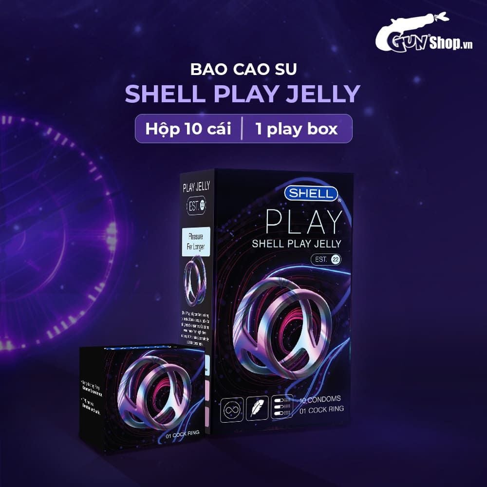 Bao cao su Shell Play Jelly 6 tính năng - Hộp 10 cái + 1 vòng đeo kéo dài thời gian