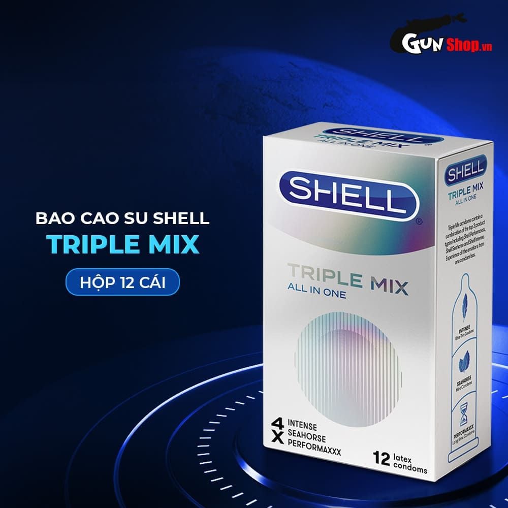 Bao cao su Shell Triple Mix - Siêu mỏng, mát lạnh, gân gai - Hộp 12 cái