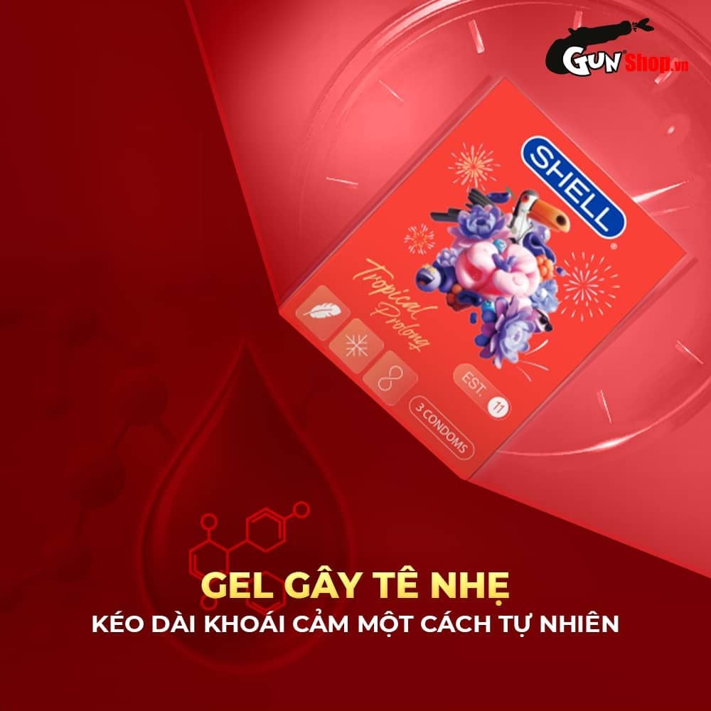 Bao cao su Shell Tropical Prolong - Siêu mỏng, kéo dài thời gian, hương hoa quả nhiệt đới - Hộp 3 cái