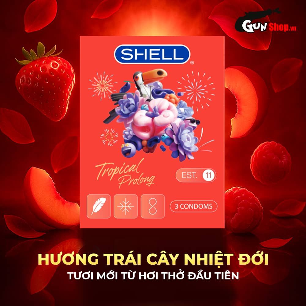 Bao cao su Shell Tropical Prolong - Siêu mỏng, kéo dài thời gian, hương hoa quả nhiệt đới - Hộp 3 cái
