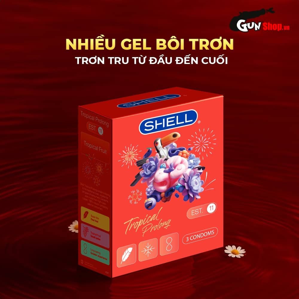 Bao cao su Shell Tropical Prolong - Siêu mỏng, kéo dài thời gian, hương hoa quả nhiệt đới - Hộp 3 cái