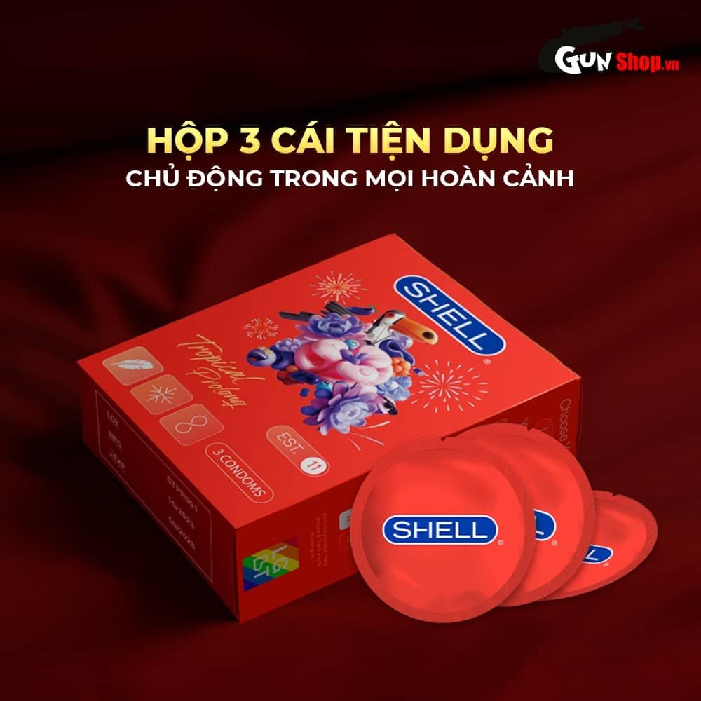 Bao cao su Shell Tropical Prolong - Siêu mỏng, kéo dài thời gian, hương hoa quả nhiệt đới - Hộp 3 cái