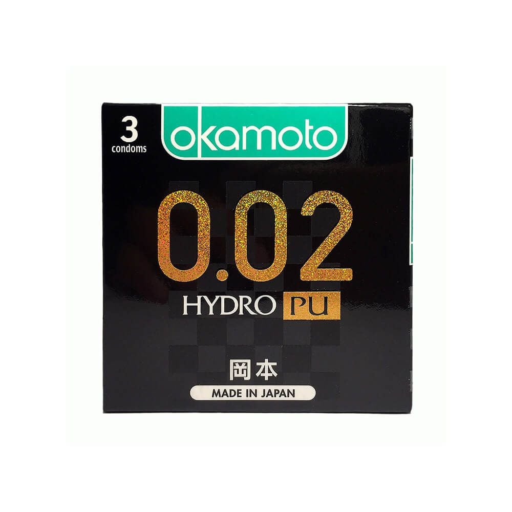 Bao cao su Okamoto 0.02 Hydro PU - Siêu mỏng, truyền nhiệt nhanh - Hộp 3 cái