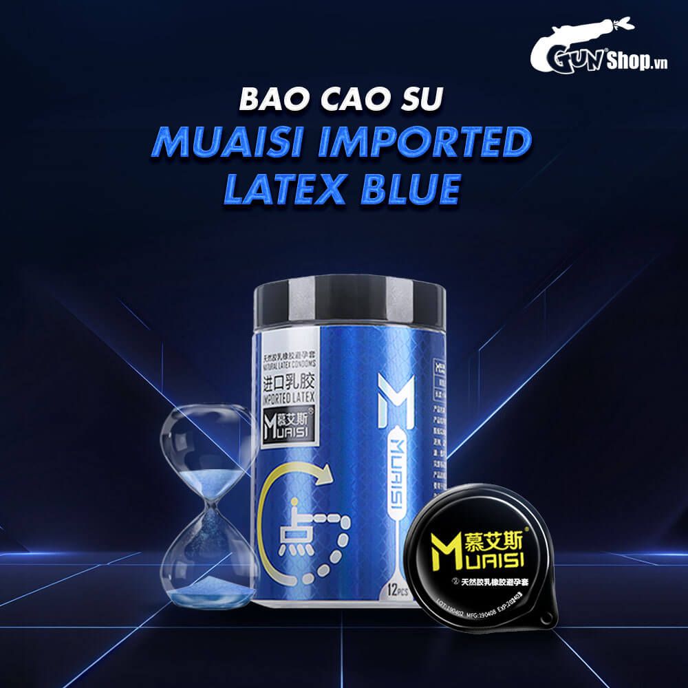 Bao cao su Muaisi Imported Latex Blue - Có hạt - Hộp 12 cái