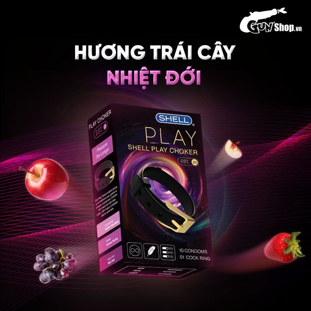 Bao cao su Shell Play Choker 6 tính năng - Hộp 10 cái + 1 vòng đeo kéo dài thời gian