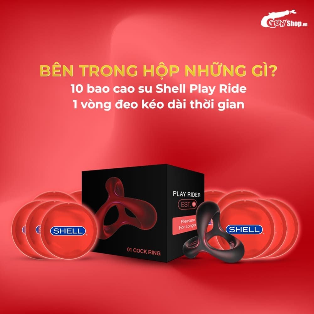 Bao cao su Shell Play Rider 6 tính năng - Hộp 10 cái + 1 vòng đeo kéo dài thời gian