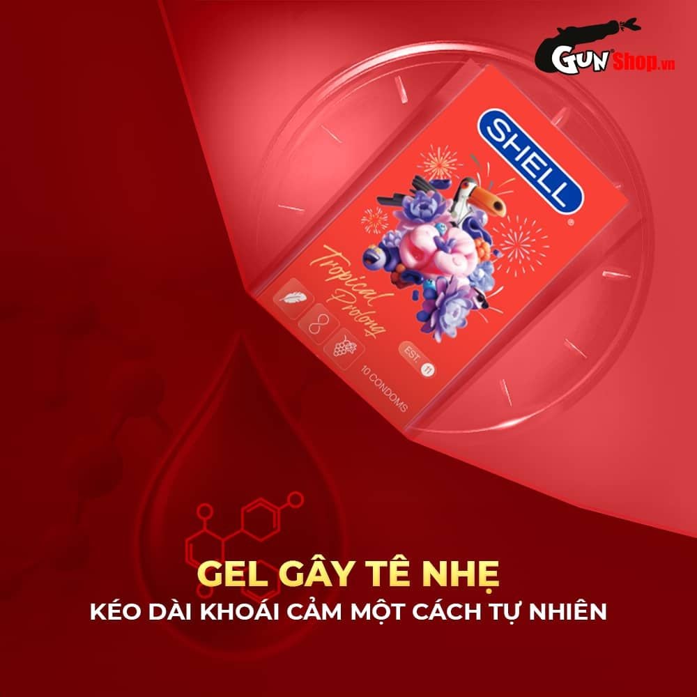 Bao cao su Shell Tropical Prolong - Siêu mỏng, kéo dài thời gian, hương hoa quả nhiệt đới - Hộp 10 cái