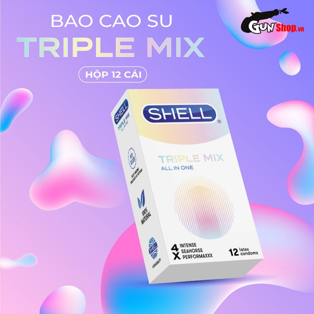 Bao cao su Shell Triple Mix - Siêu mỏng, mát lạnh, gân gai - Hộp 12 cái