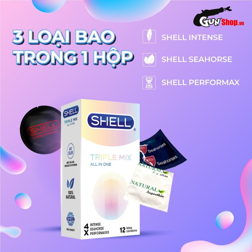 Bao cao su Shell Triple Mix - Siêu mỏng, mát lạnh, gân gai - Hộp 12 cái