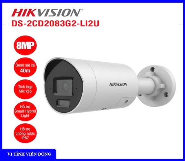 Camera IP thân trụ 8MP Hikvision DS-2CD2083G2-LI2U (Tích hợp Mic kép trên camera, Tầm xa hồng ngoại 40m, Nguồn DC12V & PoE ) (IME)