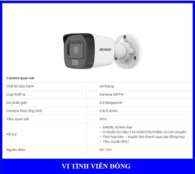 Camera HDTVI 2MP HIKVISION DS-2CE16D0T-LFS