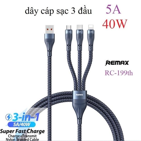 Cáp sạc nhanh 3 đầu Remax RC-199th 1.2m (USB-C, Lightning, Micro - Cổng ra USB)