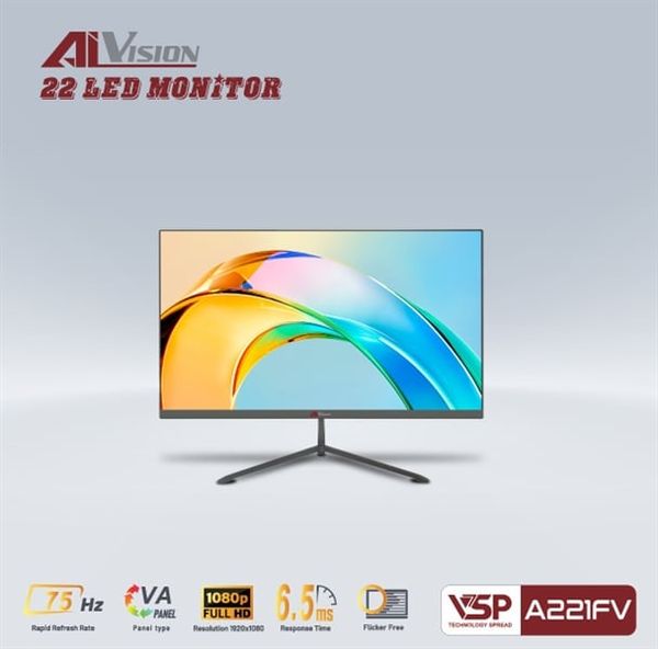 Màn hình LCD 22 inch AIVISION A221FV Black (phẳng, VGA + HDMI, 1920x1080, 75Hz, Kèm cáp HDMI)