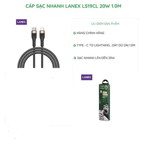 Cáp sạc nhanh Lanex TypeC - IP Lightning 1M LS19CL (dây dù + hộp sắt)