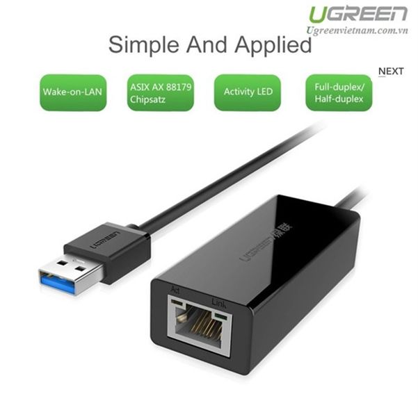 Cáp chuyển USB 3.0 --> Lan 10/100/1000 Mbps Ugreen (20256) màu đen