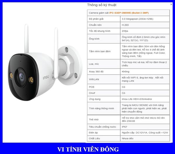 Camera Imou Wifi IPC - S3EP - 3M0WE Full color 3.0MP (đàm thoại 2 chiều, có màu ban đêm)