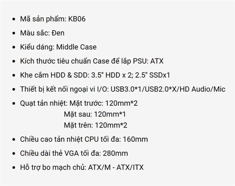 Case VSPTECH KB06 - ATX (Không kèm Fan / Black)