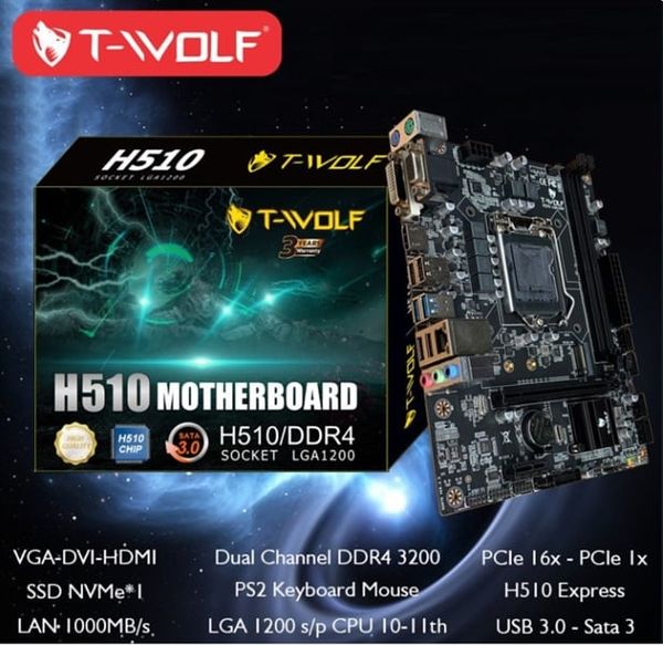 Mainboard T-WOLF H510 Socket 1200 Chính Hãng ( VGA + HDMI -DVI -SSD M.2 chuẩn PCIe)