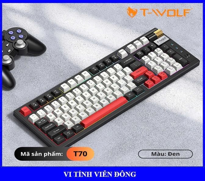 Bàn phím cơ không dây T-Wolf T70 - Màu đen (97 phím, Red Switch, RGB Led, Rotate button, Pin sạc, kết nối USB Type-C/ Bluetooth 5.0/ 2.4GHz Wireless)