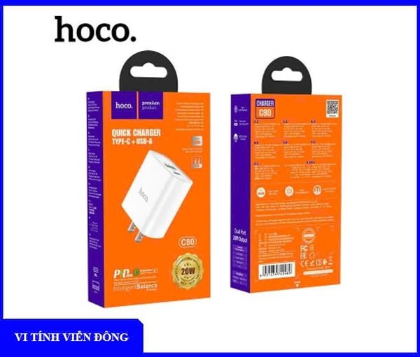 Cốc sạc nhanh Hoco C80 20W 2 cổng sạc USB + Type-C (không bao gồm cáp sạc)