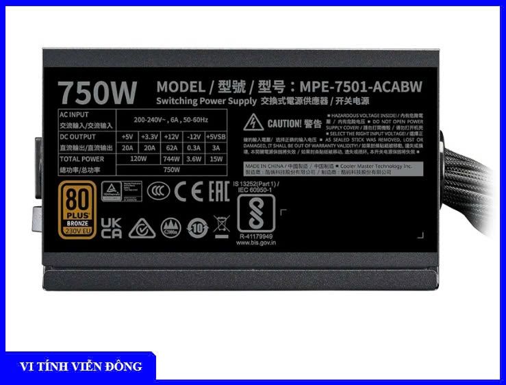 Nguồn máy tính Cooler Master MWE BRONZE 750 V3 230V A/EU CABLE 750W ATX 3.1 (MPE-7501-ACABW-3B) - IME