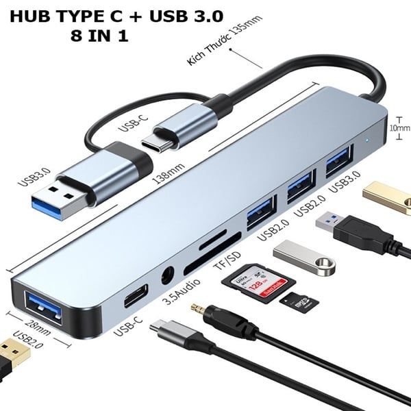 Hub đa năng USB / TYPE-C -> USB 3.0 + 3 USB 2.0 / TF / SD / PD / AUDIO ( 8 in 1)