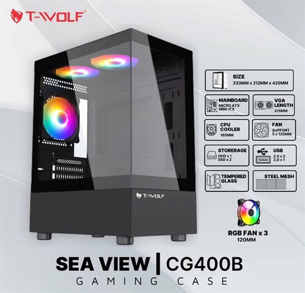 Case Gaming T-WOLF TW-CG400B + 3 Fan (Black / Tempered Glass / USB3.0*1 + USB2.0*2 + HD Audio / KT: 333 x 212 x 420mm)