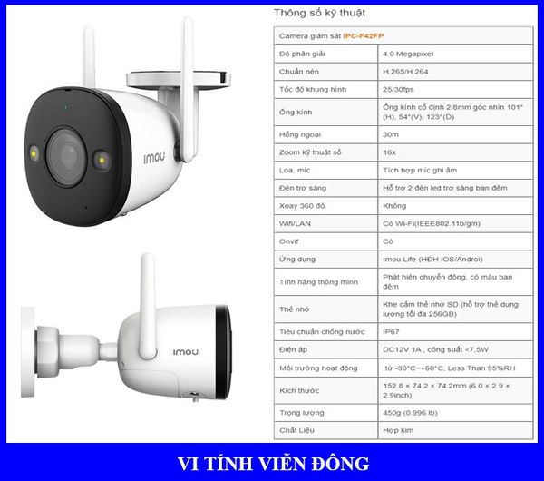 Camera Imou WIFI IPC-F42FP IMOU 4MP có màu ban đêm (Không đàm thoại 2 chiều, không tích hợp còi, tầm xa hồng ngoại 30m)