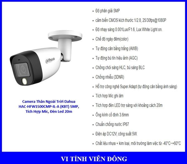 Camera Dahua HAC-HFW1500CMP-IL-A 5MP, tích hợp mic, đèn led 20m