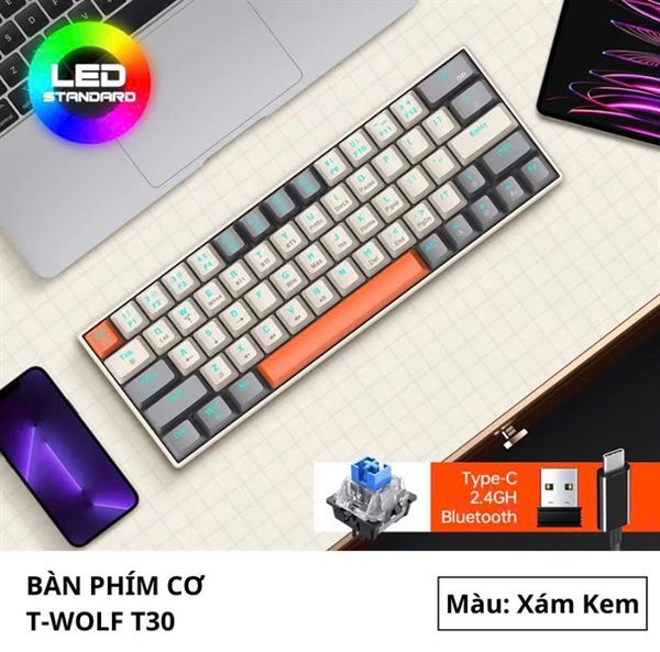 Bàn phím cơ Bluetooth T-Wolf T30 - Màu kem xám (63 phím, Blue Switch, Led, pin sạc, Kết nối: USB Type-C / Bluetooth 5.0 / 2.4GHz Wireless)