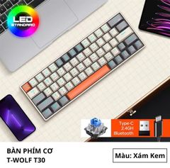 Bàn phím cơ Bluetooth T-Wolf T30 - Màu kem xám (63 phím, Blue Switch, Led, pin sạc, Kết nối: USB Type-C / Bluetooth 5.0 / 2.4GHz Wireless)