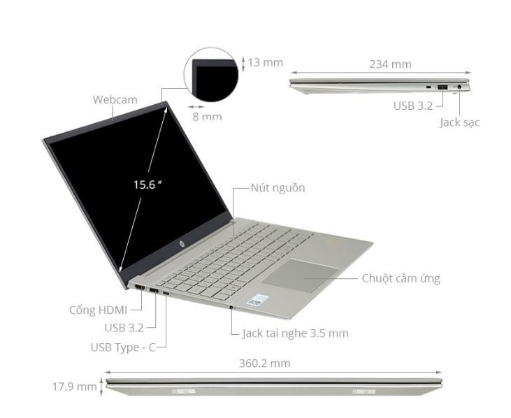 Máy tính xách tay (NB) HP Pavilion 15-eg2056TU i5-1240P/8GD4/512GSSD/15.6FHD/Wlax/BT5/3C41WHr/ALUp/W11SL/VÀNG(6K786PA)