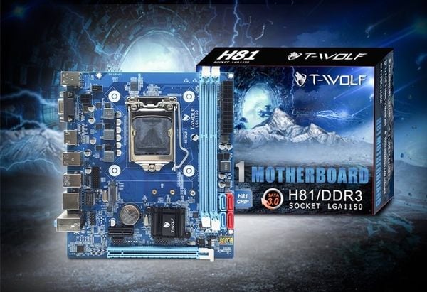 Mainboard T-Wolf H81 chính hãng (LGA 1150 / CPU Gen 4-5th / 2 x DDR3 / VGA + HDMI / Lan1000M / SSD NVMe-M.2 Sata / PCIe 16X / PCIe 1X)