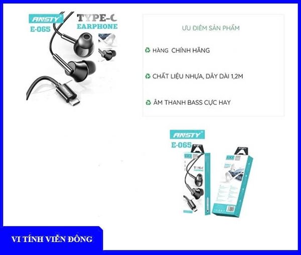 Tai nghe Ansty E065 jack TypeC có mic 1.2m