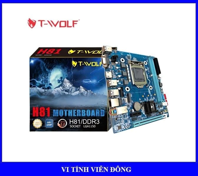 Mainboard T-Wolf H81 chính hãng (LGA 1150 / CPU Gen 4-5th / 2 x DDR3 / VGA + HDMI / Lan1000M / SSD NVMe-M.2 Sata / PCIe 16X / PCIe 1X)