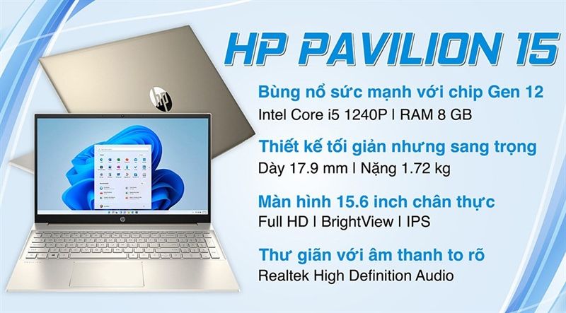 Máy tính xách tay (NB) HP Pavilion 15-eg2056TU i5-1240P/8GD4/512GSSD/15.6FHD/Wlax/BT5/3C41WHr/ALUp/W11SL/VÀNG(6K786PA)