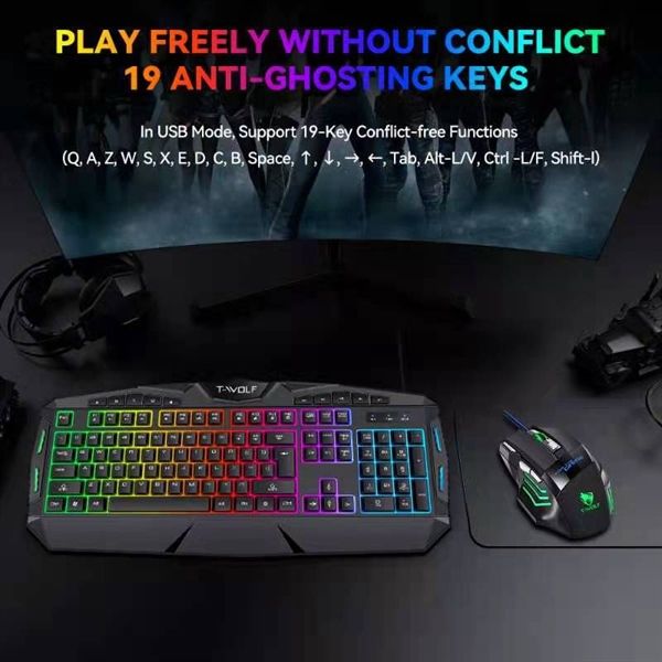 COMBO phím + chuột T-Wolf TF 390 Usb game Led 7 màu