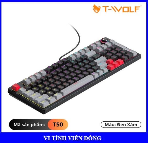 Bàn phím cơ T-Wolf T50 - Màu xám đen (97 phím, Blue switch, Led, USB, nút xoay tăng giảm âm thanh, ánh sáng)