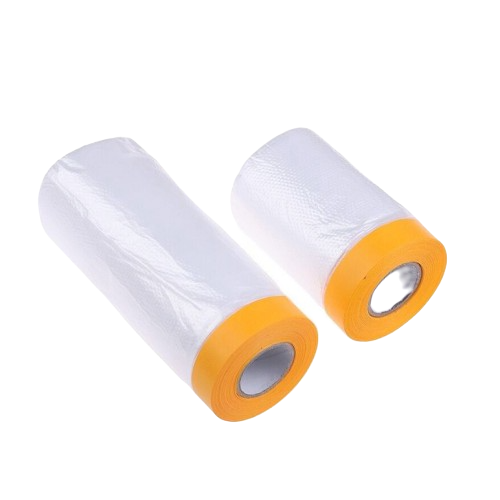 Hai cuộn băng keo nilon che sơn màng trắng gấp nếp có dải băng keo giấy màu cam ở mép