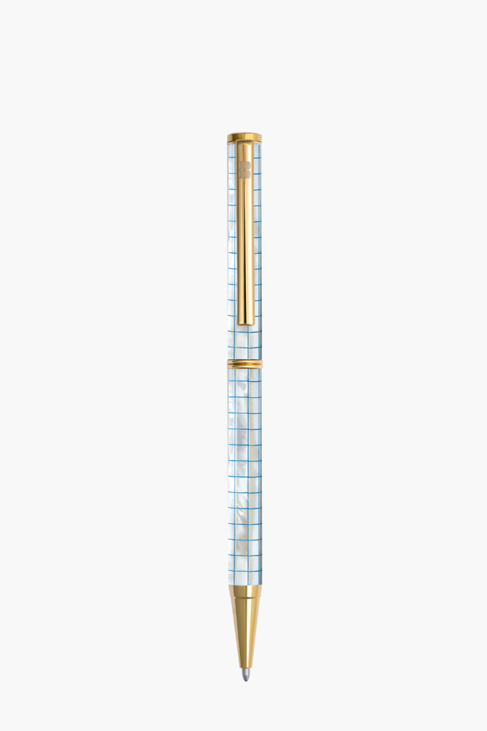 Inspired - Bút Ký Ngọc Trai Trắng Bắc Úc - Sọc Caro Xanh - Mạ Titanium Gold